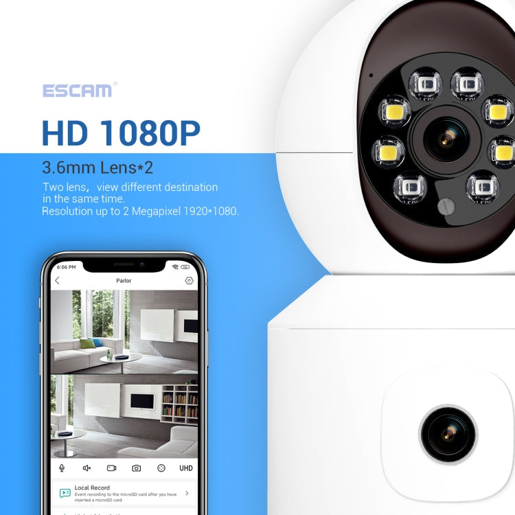 ESCAM QF010 2x2MP Dual Lens Dual Screen Surveillance WiFi Camera Support Two-way Voice & Motion Detection(UK Plug)