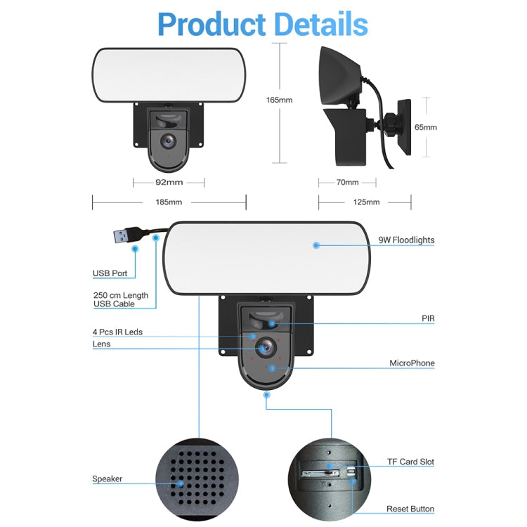 ESCAM QF615 3MP IP66 Waterproof WiFi IP Camera & Floodlight, Support Night Vision / PIR Motion Detection / Two-way Audio(EU Plug)