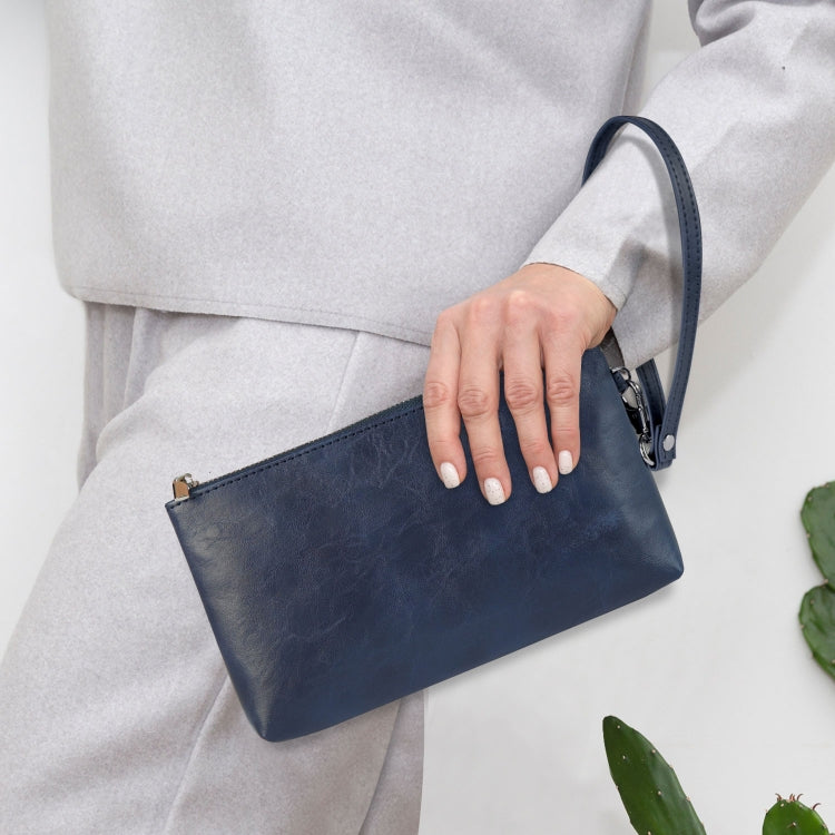 6 inch Simple Retro Leather Clutch Zipper Bag(Dark Blue)