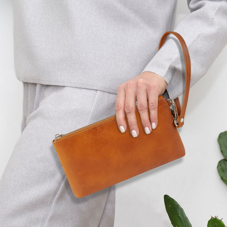 6 inch Simple Retro Leather Clutch Zipper Bag(Brown)