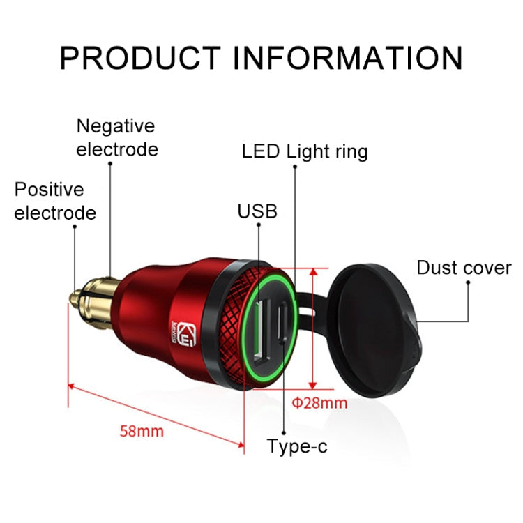 Motorcycle European-style Small-caliber Aluminum Alloy QC 3.0 + PD Fast Charge USB Charger, Shell Color:Red(Red Light)