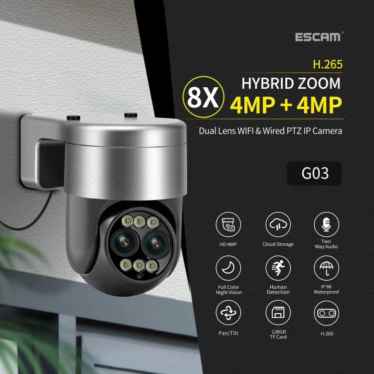 ESCAM G03 2x4MP Dual Lens Zoom 8X Dual Light Source WiFi Camera Support Two-way Voice & Motion Detection(AU Plug)