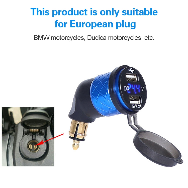 German EU Plug Special Motorcycle Elbow Charger Dual USB Voltmeter 4.2A Charger, Shell Color:Red(Green Light)