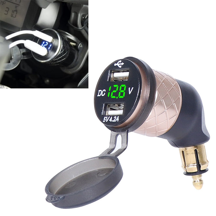 German EU Plug Special Motorcycle Elbow Charger Dual USB Voltmeter 4.2A Charger, Shell Color:Gold(Green Light)