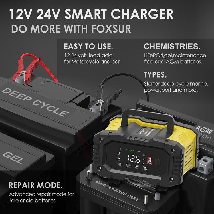 FOXSUR 12V / 24V 10A Portable Motorcycle Car Smart Battery Charger(AU Plug)