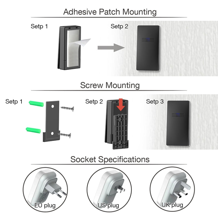 C302B One to One Home Wireless Doorbell Temperature Digital Display Remote Control Elderly Pager, EU Plug(Black)