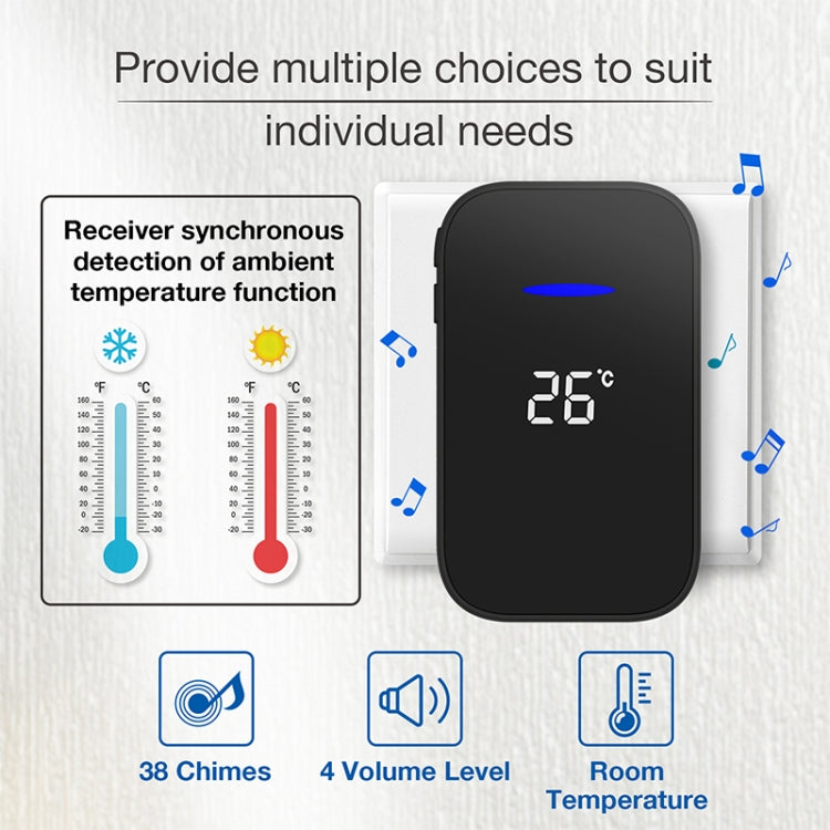 C302B One to One Home Wireless Doorbell Temperature Digital Display Remote Control Elderly Pager, UK Plug(Black)