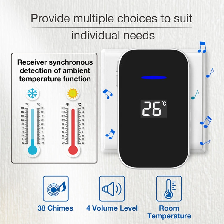 C302B One to Two Home Wireless Doorbell Temperature Digital Display Remote Control Elderly Pager, US Plug(White)
