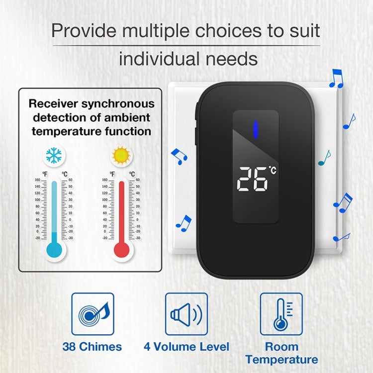 C303B One to Two Home Wireless Doorbell Temperature Digital Display Remote Control Elderly Pager, US Plug(Black)