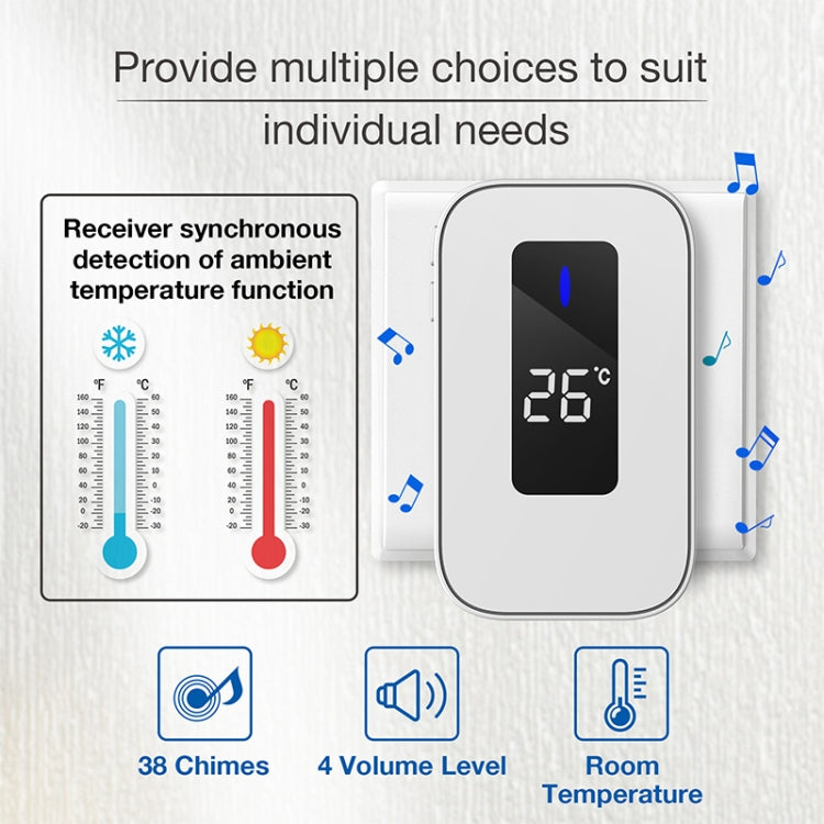 C303B One to Two Home Wireless Doorbell Temperature Digital Display Remote Control Elderly Pager, US Plug(White)