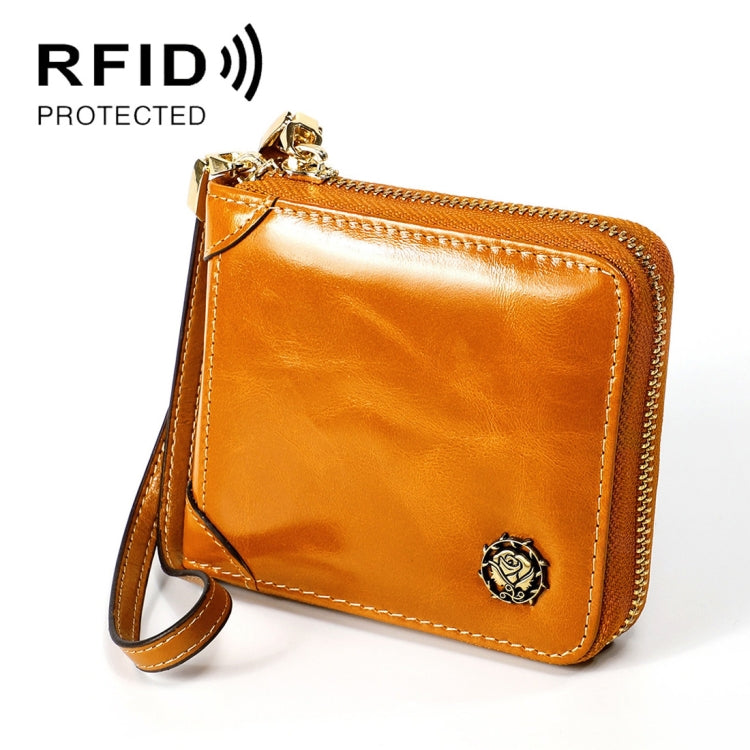 8251 Antimagnetic RFID Multi-function Oil Wax Leather Lady Zipper Wallet Purse with Lanyard(Yellow)