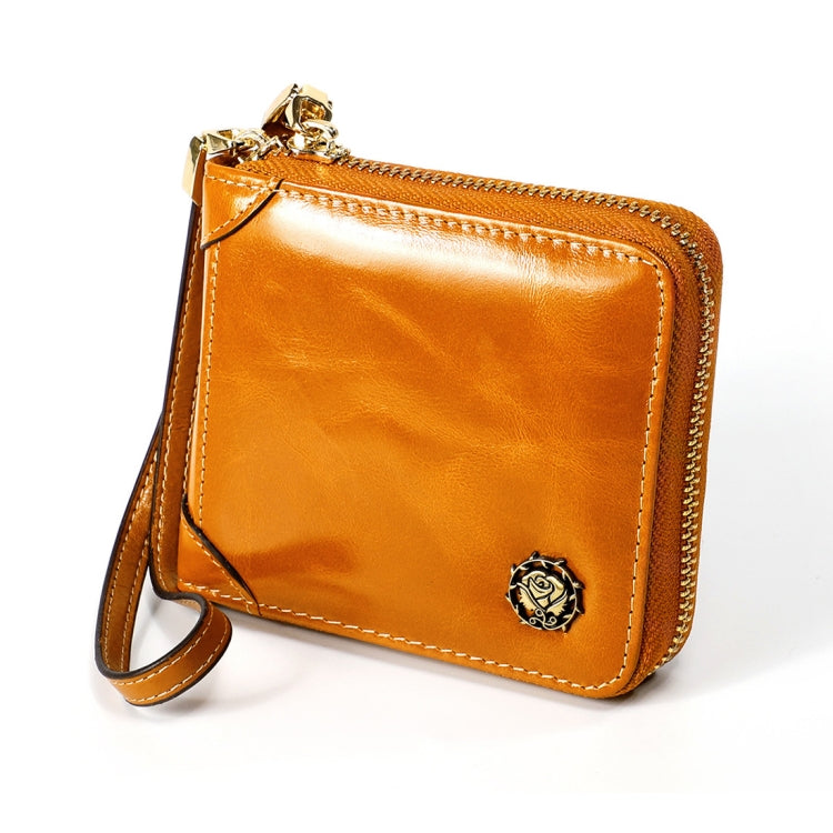8251 Antimagnetic RFID Multi-function Oil Wax Leather Lady Zipper Wallet Purse with Lanyard(Yellow)
