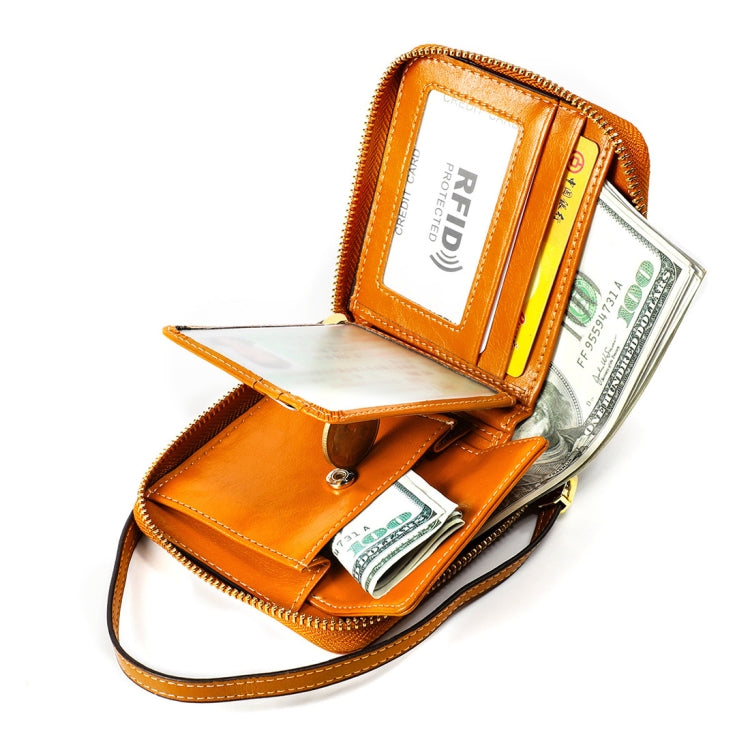 8251 Antimagnetic RFID Multi-function Oil Wax Leather Lady Zipper Wallet Purse with Lanyard(Yellow)