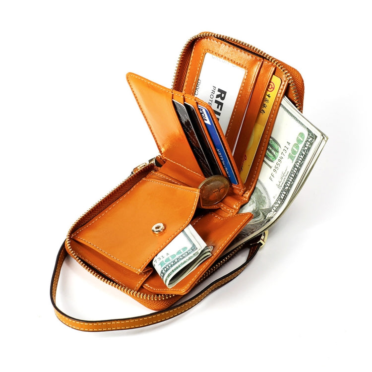 8251 Antimagnetic RFID Multi-function Oil Wax Leather Lady Zipper Wallet Purse with Lanyard(Yellow)