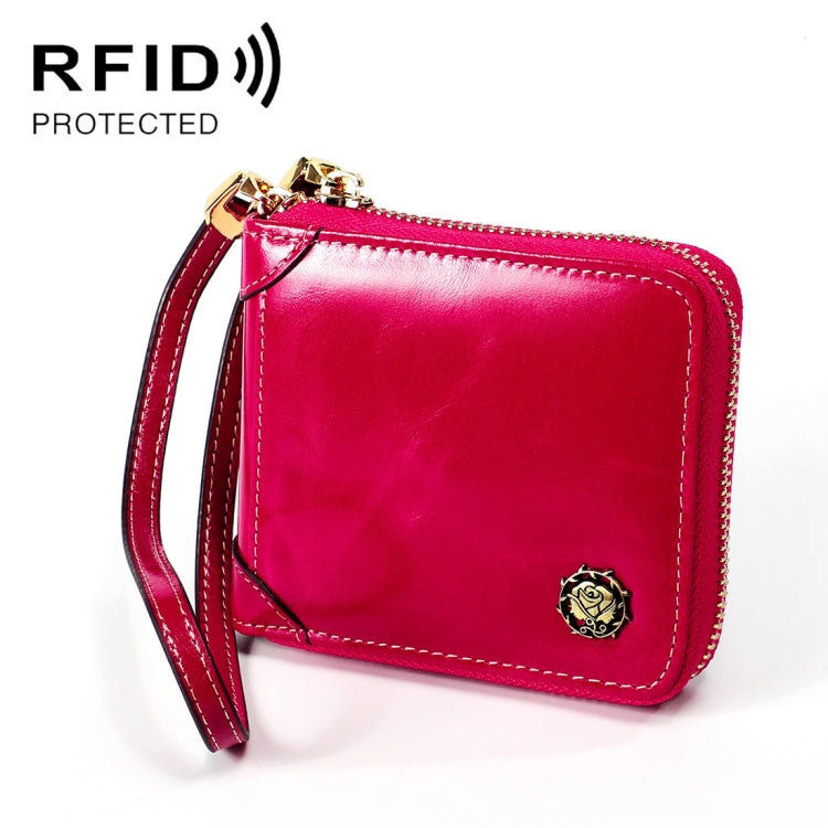 8251 Antimagnetic RFID Multi-function Oil Wax Leather Lady Zipper Wallet Purse with Lanyard(Rose Red)