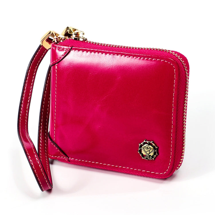 8251 Antimagnetic RFID Multi-function Oil Wax Leather Lady Zipper Wallet Purse with Lanyard(Rose Red)