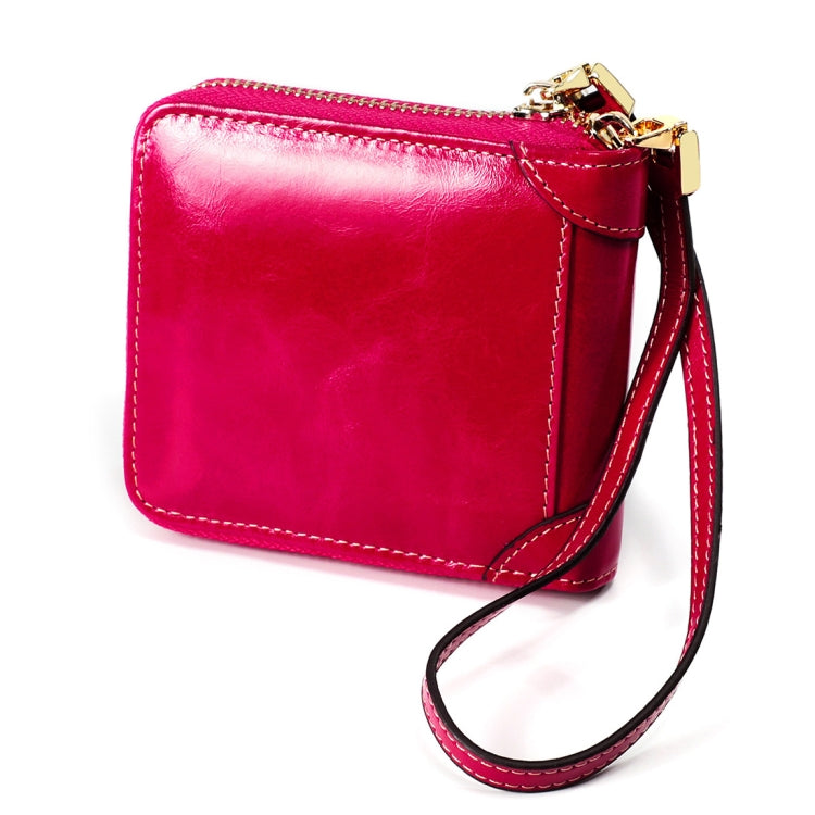 8251 Antimagnetic RFID Multi-function Oil Wax Leather Lady Zipper Wallet Purse with Lanyard(Rose Red)