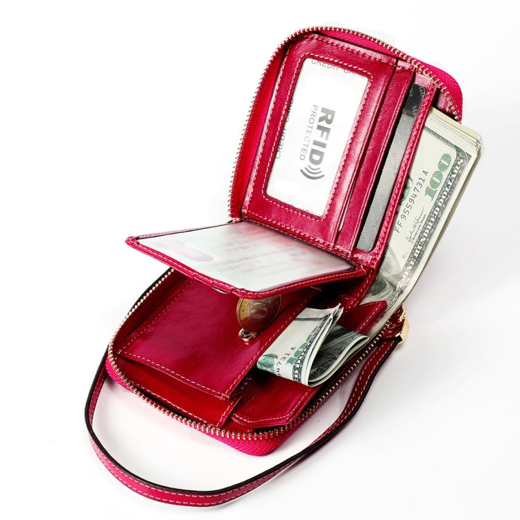 8251 Antimagnetic RFID Multi-function Oil Wax Leather Lady Zipper Wallet Purse with Lanyard(Rose Red)