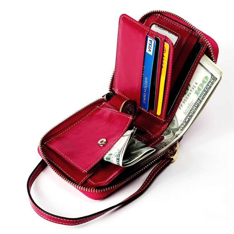 8251 Antimagnetic RFID Multi-function Oil Wax Leather Lady Zipper Wallet Purse with Lanyard(Rose Red)
