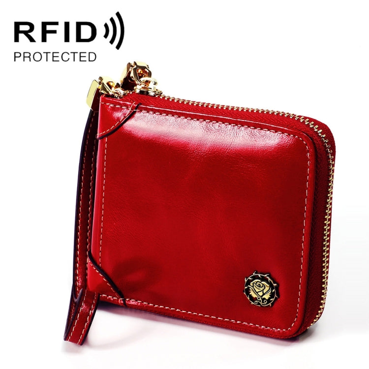 8251 Antimagnetic RFID Multi-function Oil Wax Leather Lady Zipper Wallet Purse with Lanyard(Wine Red)