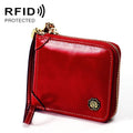 8251 Antimagnetic RFID Multi-function Oil Wax Leather Lady Zipper Wallet Purse with Lanyard(Wine Red)