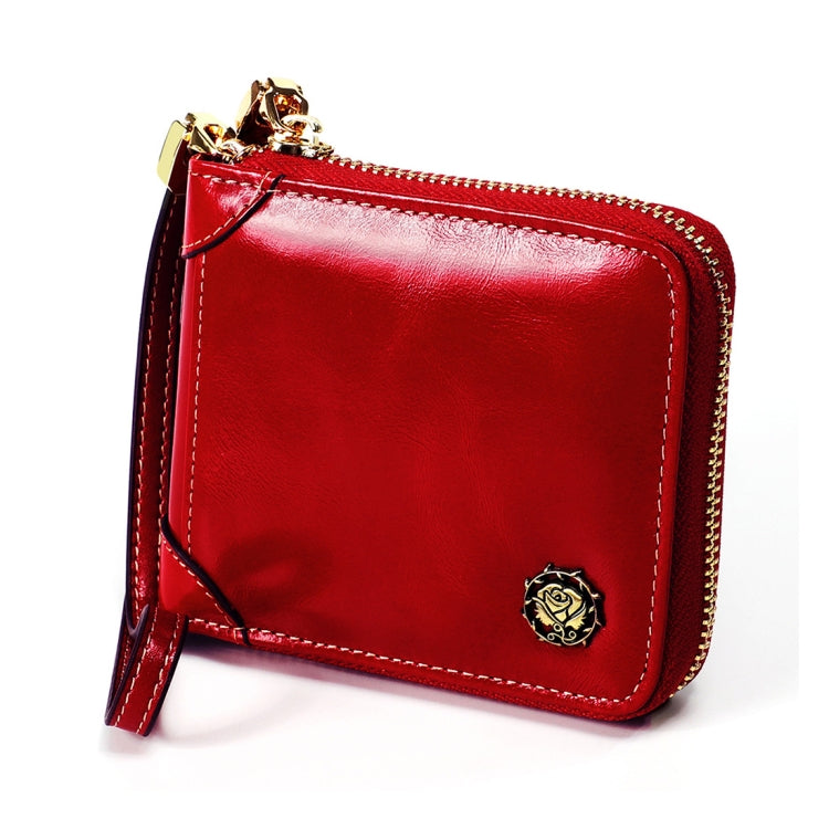 8251 Antimagnetic RFID Multi-function Oil Wax Leather Lady Zipper Wallet Purse with Lanyard(Wine Red)