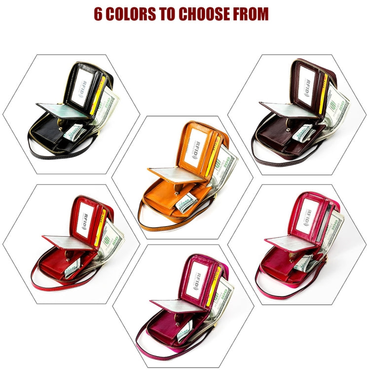 8251 Antimagnetic RFID Multi-function Oil Wax Leather Lady Zipper Wallet Purse with Lanyard(Wine Red)