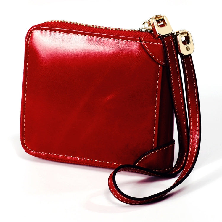 8251 Antimagnetic RFID Multi-function Oil Wax Leather Lady Zipper Wallet Purse with Lanyard(Wine Red)