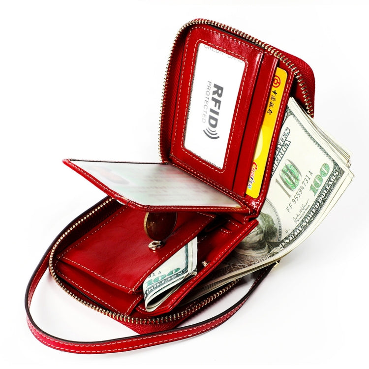 8251 Antimagnetic RFID Multi-function Oil Wax Leather Lady Zipper Wallet Purse with Lanyard(Wine Red)