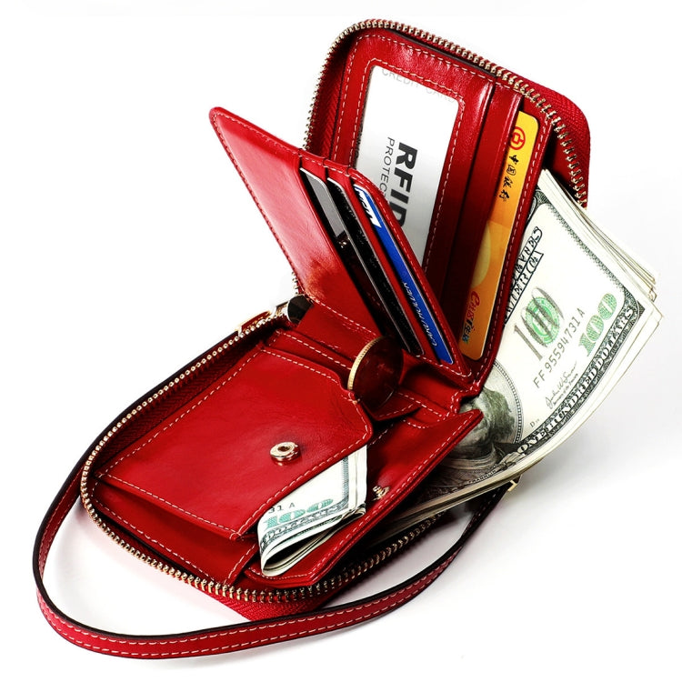 8251 Antimagnetic RFID Multi-function Oil Wax Leather Lady Zipper Wallet Purse with Lanyard(Wine Red)