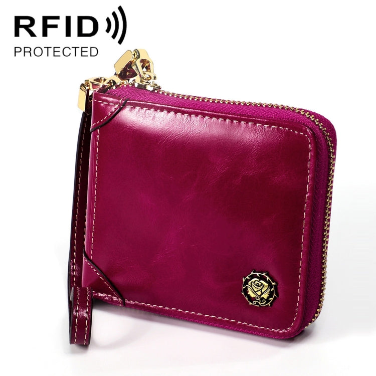 8251 Antimagnetic RFID Multi-function Oil Wax Leather Lady Zipper Wallet Purse with Lanyard(Purple)