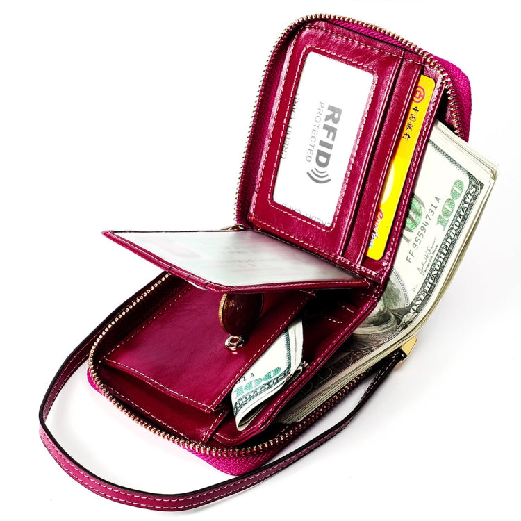 8251 Antimagnetic RFID Multi-function Oil Wax Leather Lady Zipper Wallet Purse with Lanyard(Purple)