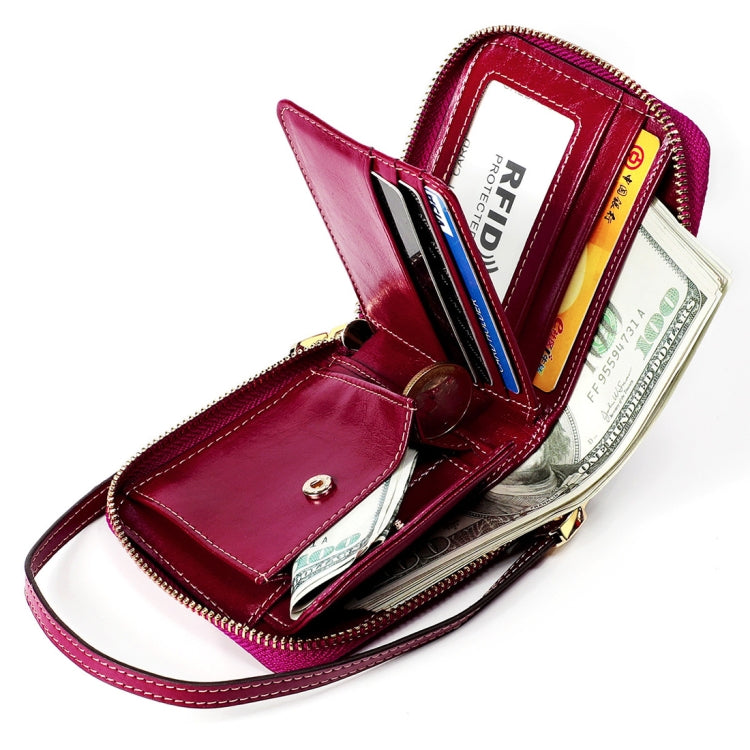 8251 Antimagnetic RFID Multi-function Oil Wax Leather Lady Zipper Wallet Purse with Lanyard(Purple)