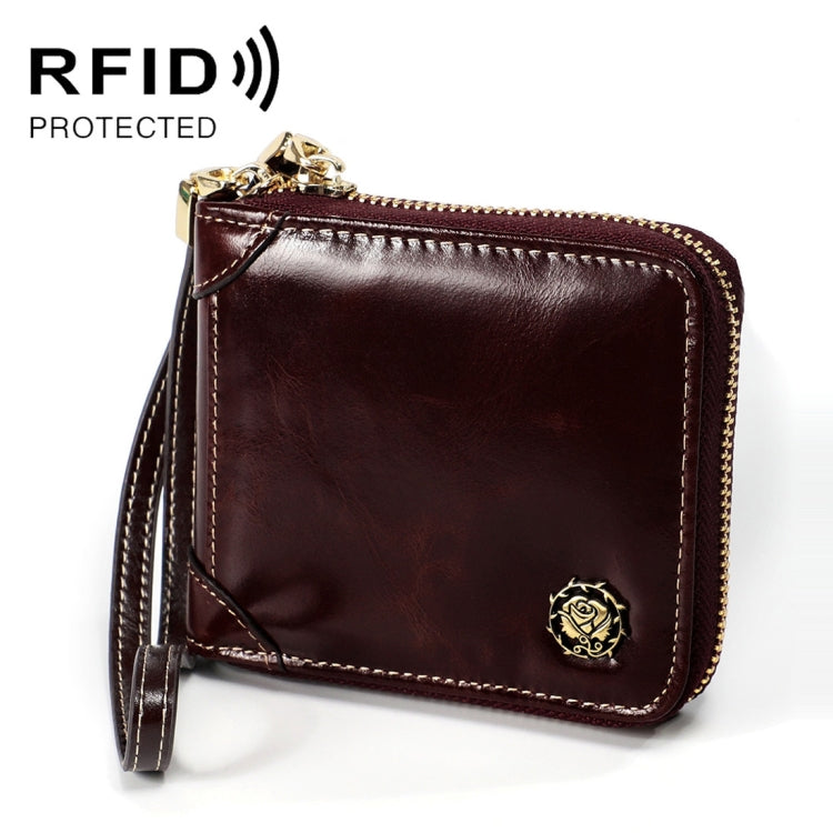 8251 Antimagnetic RFID Multi-function Oil Wax Leather Lady Zipper Wallet Purse with Lanyard(Coffee)