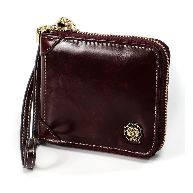 8251 Antimagnetic RFID Multi-function Oil Wax Leather Lady Zipper Wallet Purse with Lanyard(Coffee)