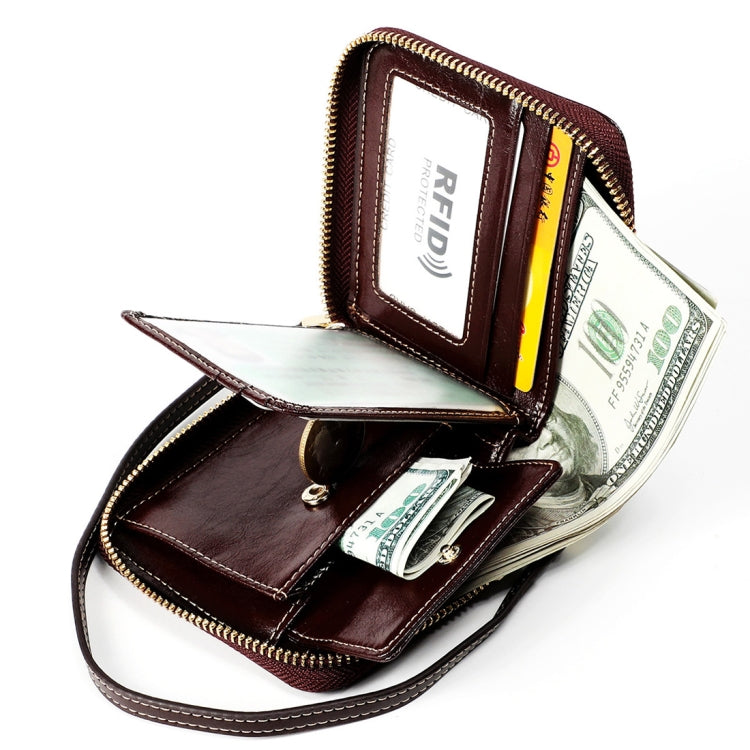8251 Antimagnetic RFID Multi-function Oil Wax Leather Lady Zipper Wallet Purse with Lanyard(Coffee)