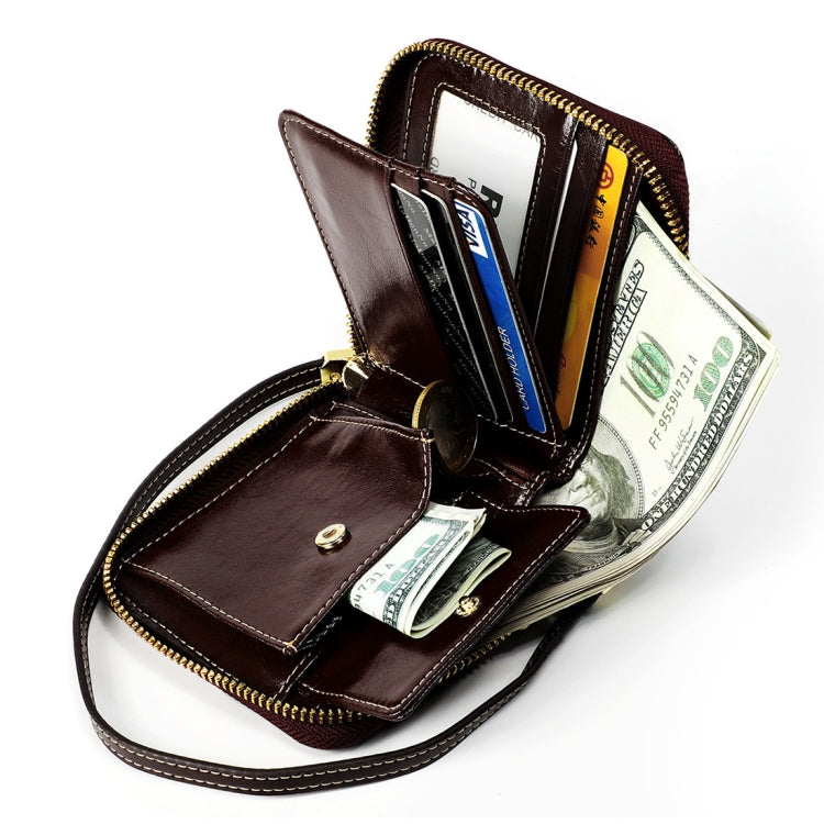 8251 Antimagnetic RFID Multi-function Oil Wax Leather Lady Zipper Wallet Purse with Lanyard(Coffee)