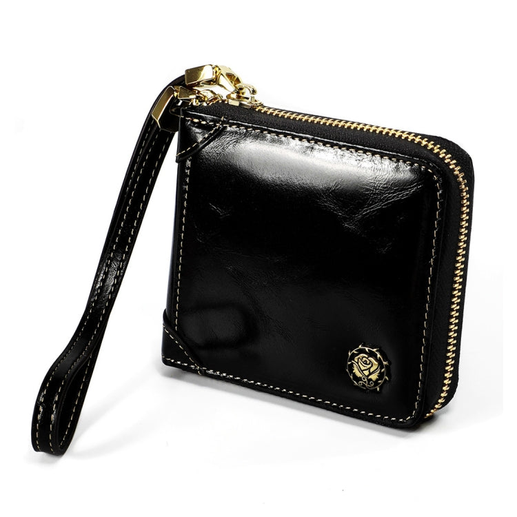 8251 Antimagnetic RFID Multi-function Oil Wax Leather Lady Zipper Wallet Purse with Lanyard(Black)
