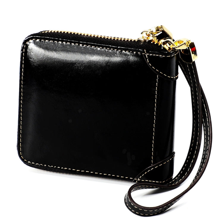 8251 Antimagnetic RFID Multi-function Oil Wax Leather Lady Zipper Wallet Purse with Lanyard(Black)