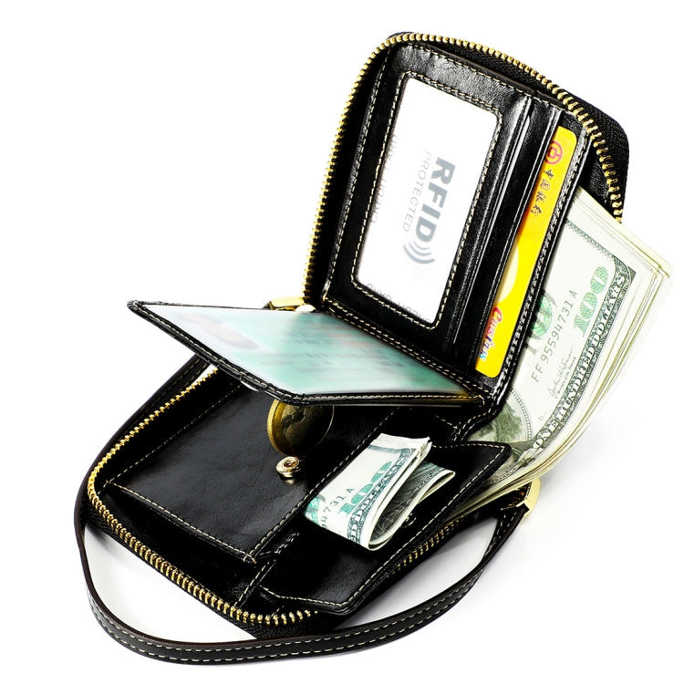 8251 Antimagnetic RFID Multi-function Oil Wax Leather Lady Zipper Wallet Purse with Lanyard(Black)