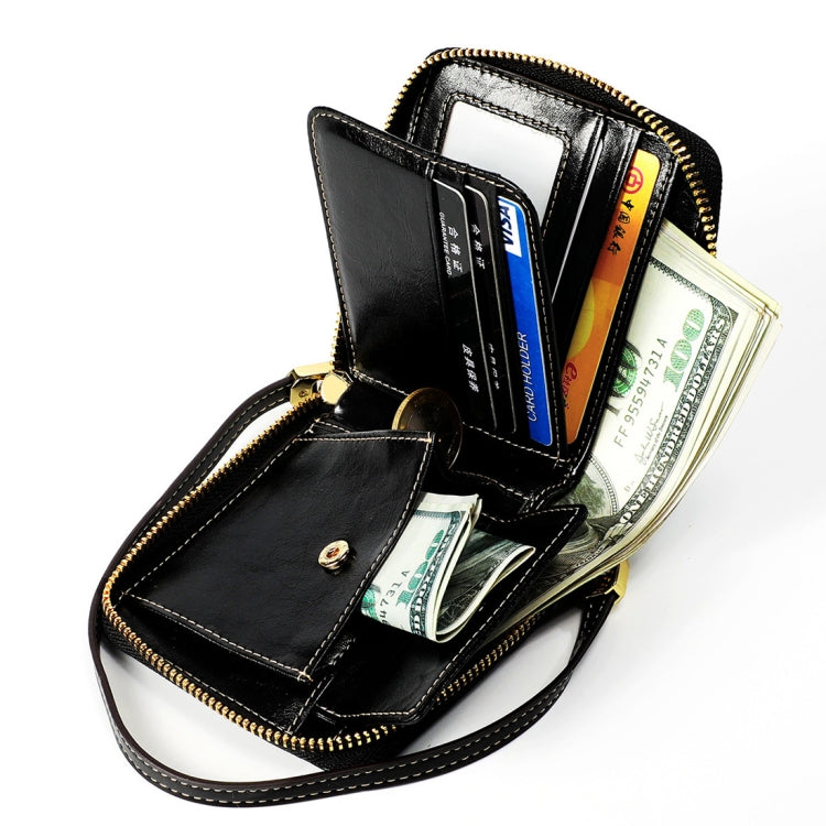 8251 Antimagnetic RFID Multi-function Oil Wax Leather Lady Zipper Wallet Purse with Lanyard(Black)