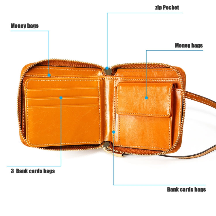 8251 Antimagnetic RFID Multi-function Oil Wax Leather Lady Zipper Wallet Purse with Lanyard(Black)
