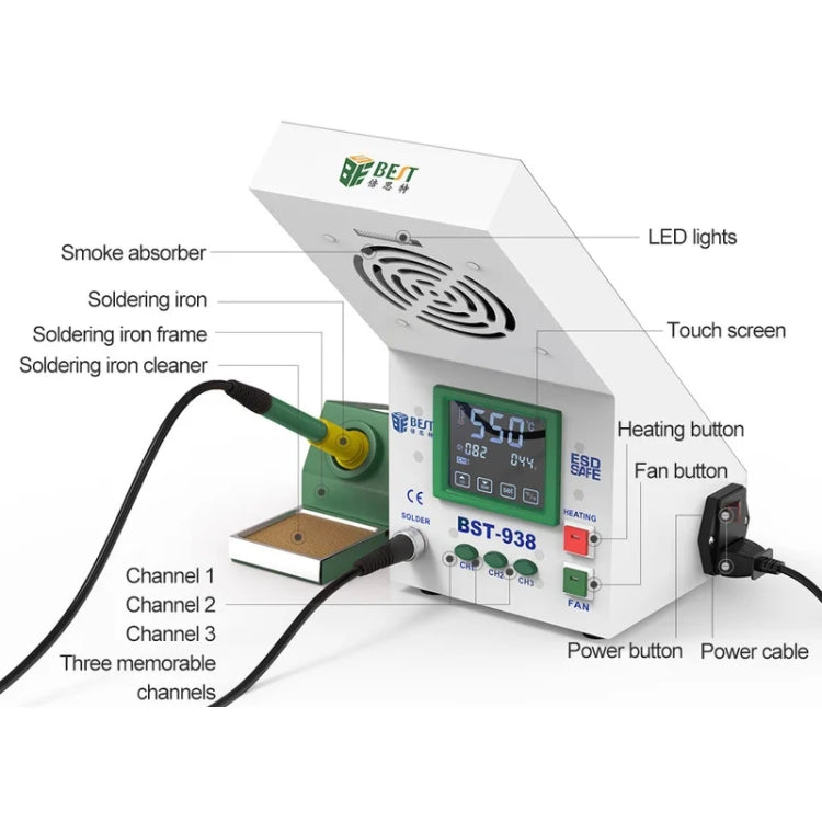 BEST BST-938 LED Electric Iron Smoking Instrument Smoke Purifier Soldering Station with Exhaust Fan, US Plug