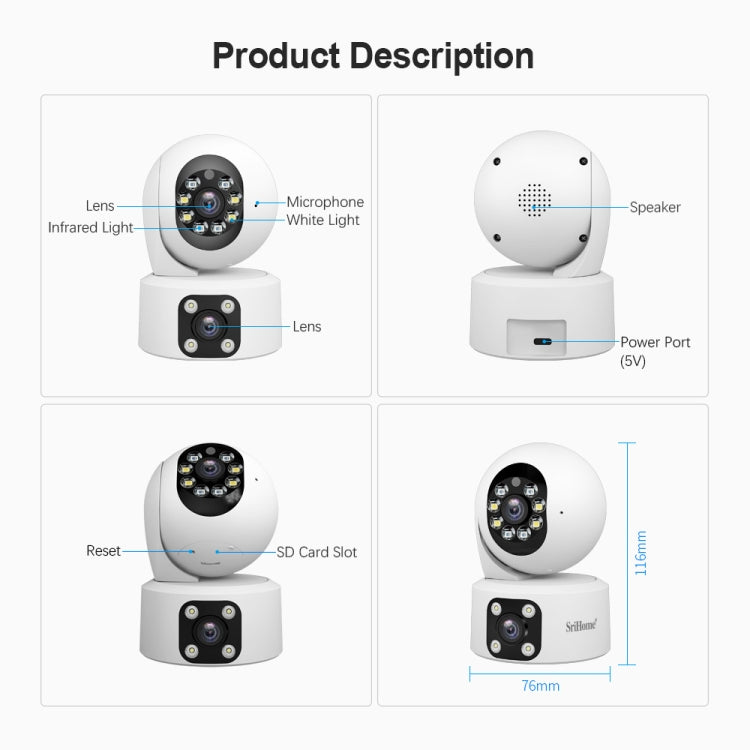 SriHome SH049 2MP + 2MP Humanoid Tracking Smart Night Vision Dual Lens HD IP Camera(AU Plug)