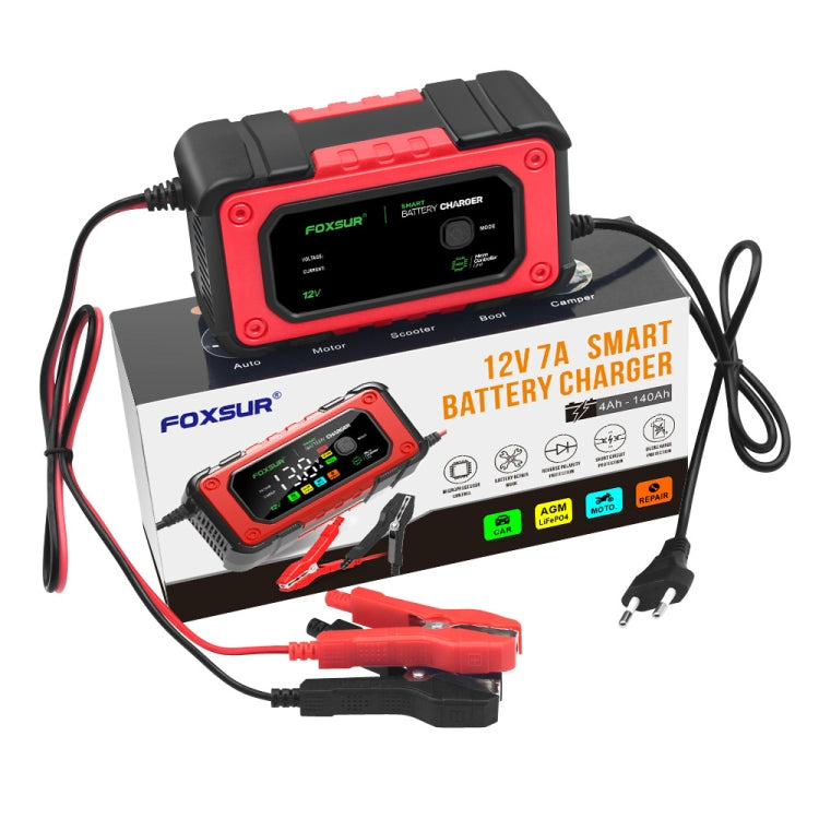 FOXSUR 7A 12V Car / Motorcycle Smart Battery Charger, Plug Type:EU Plug(Red)