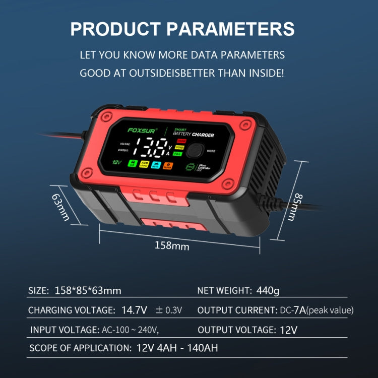 FOXSUR 7A 12V Car / Motorcycle Smart Battery Charger, Plug Type:EU Plug(Red)