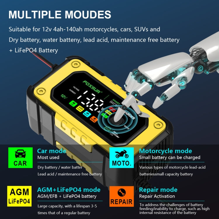 FOXSUR 7A 12V Car / Motorcycle Smart Battery Charger, Plug Type:EU Plug(Yellow)