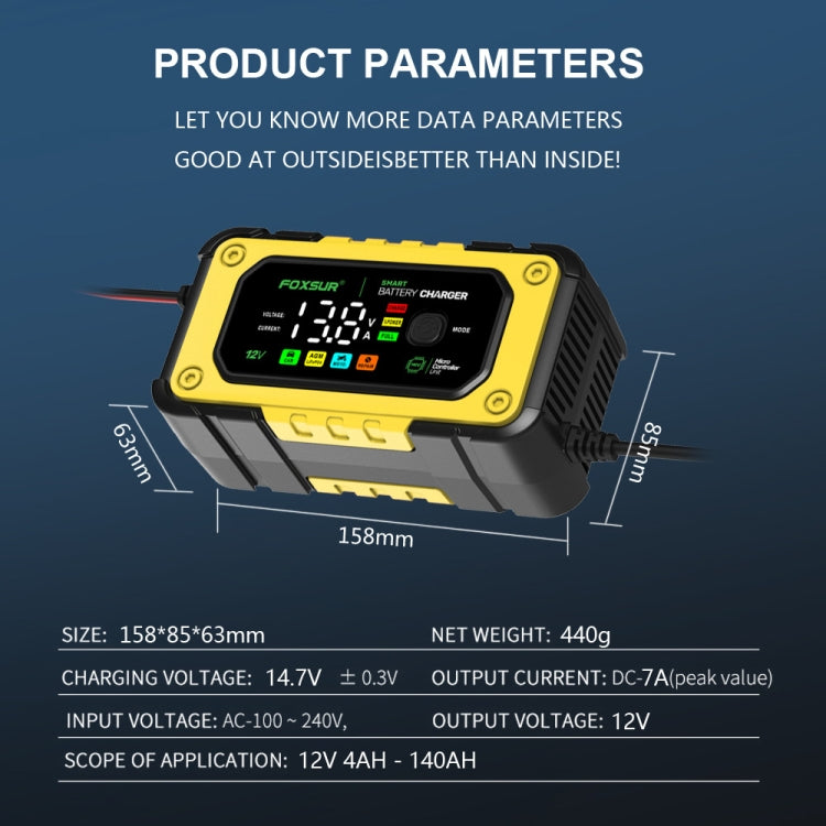 FOXSUR 7A 12V Car / Motorcycle Smart Battery Charger, Plug Type:EU Plug(Yellow)
