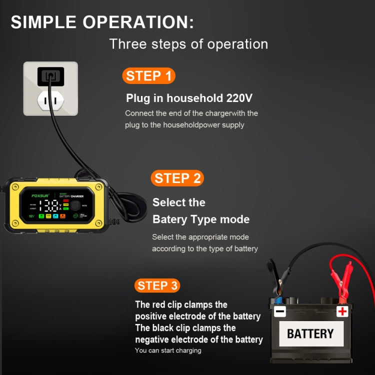 FOXSUR 7A 12V Car / Motorcycle Smart Battery Charger, Plug Type:US Plug(Yellow)