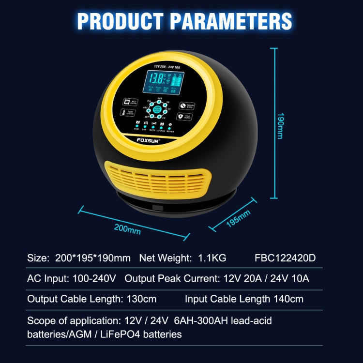 FOXSUR 20A 12V 24V Car / Motorcycle Smart Battery Charger, Plug Type:EU Plug(Yellow)